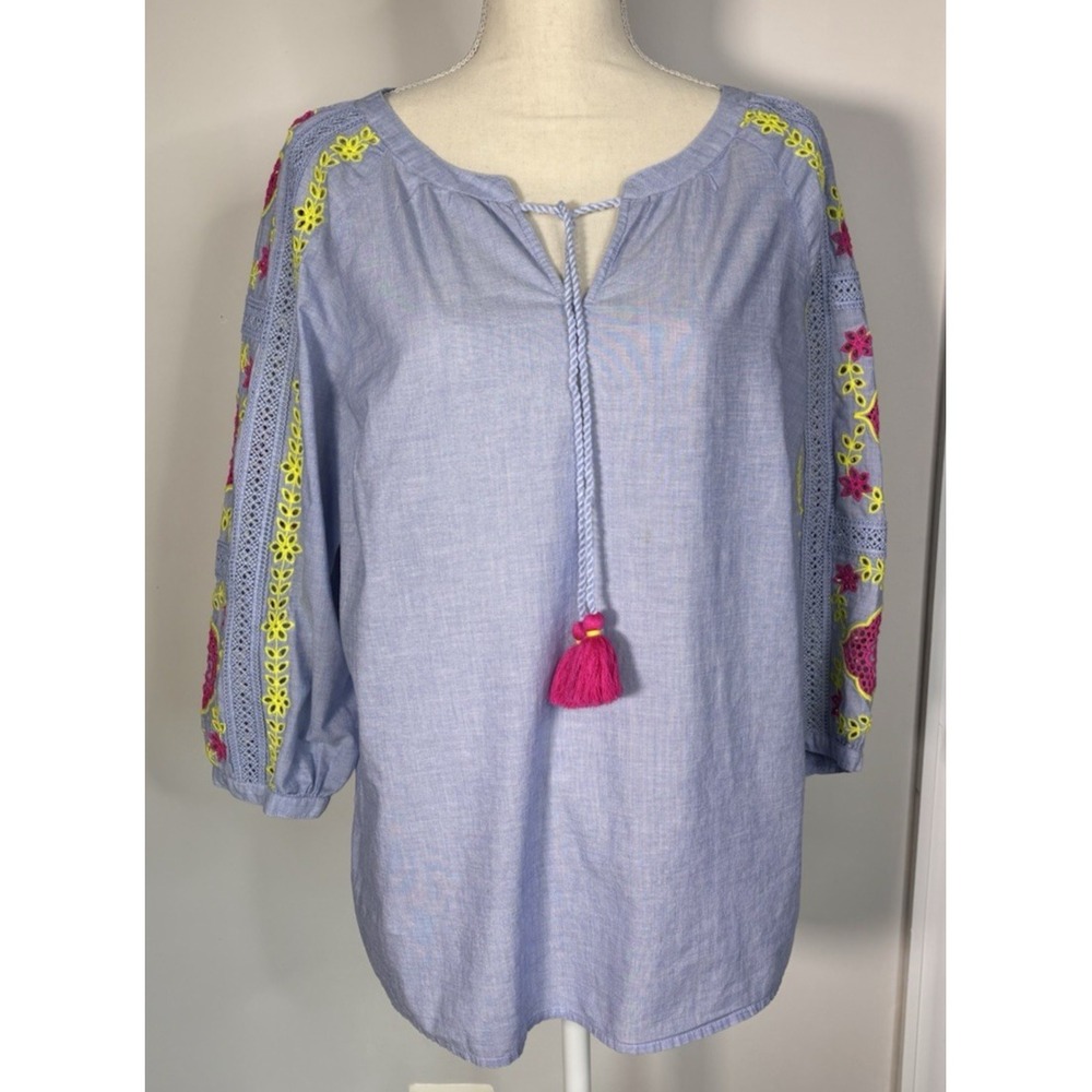 Talbots Boho Embroidered Peasant Blouse Blue Pink Yellow Tassel Cotton L